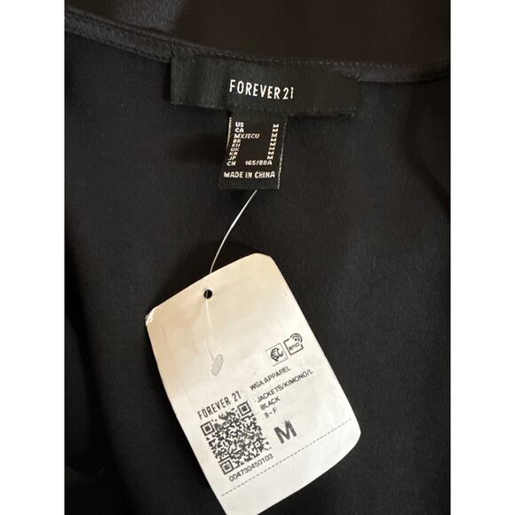 Forever 21 Women’s Fringe Trim Satin Kimono Cardigan Black, New With Tags Size M - Picture 7 of 8